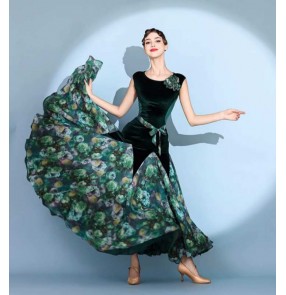 Women girls red green floral ballroom dance dresses waltz tango foxtrot flamenco dancing long swing skirts for female